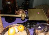 ANTIQUE BRASS SCALE AND ANTIQUE SPATTER WARE CROCKERY BOWL