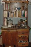 ANTIQUE HUTCH WITH VARIOUS COOK BOOKS, TOOLS AND ACCESSORIES