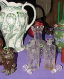 ANTIQUE STAFFORDSHIRE 1890 ART NOUVEAU MASSIVE PITCHER AND ETCHED GLASS PERFUME BOTTLES