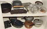 CARRIAGE HOUSE KITCHEN ITEMS INCLUDING SILVERPLATE, CAST IRON, COOKNOOKX AND MORE