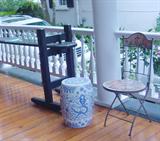 TILE MOSAIC CHAIR AND VINTAGE CHINESE BLUE AND WHITE GARDEN SEAT