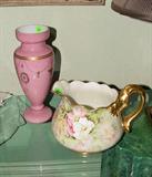 LATE VICTORIAN HANDPAINTED LIMOGES FRANCE LARGE PITCHER WITH GOLDEN DRAGON HANDLE AND PINK ENAMELLED BRISTOL GLASS VASE