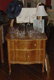 ANTIQUE TIGER OAK WASH STAND, ANTIQUE LINENS, HANDBLOWN GLASSWARE WITH PITCHER
