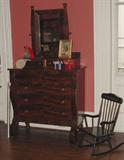 AMAZING 1830-1850 EMPIRE MAHOGANY CHEST OF DRAWERS WITH SWIVEL MIRROR AND SMALL PAINTED CHILD'S ROCKER