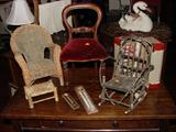 ANTIQUE AND VINTAGE MINIATURE CHAIRS AND ANTIQUE THERMOMETERS