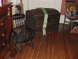 ANTIQUE CAMEL BACK TRUNK AND SMALL CHILDREN'S ROCKING CHAIR