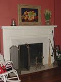 FIREPLACE SCREEN, ANTIQUE ANDIRONS, FIREPLACE TOOLS AND MORE
