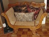 INCREDIBLY COOL CARVED ROLLED ARM CHAIR WITH GREAT ONE OF A KIND PILLOWS