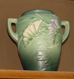 ANTIQUE ROSEVILLE WYSTERIA PATTERN POTTERY DOUBLE HANDLED VASE WITH A SMALL CHIP ON BASE