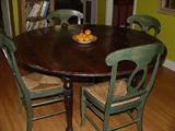 ANTIQUE HAND HEWNED TABLE WITH EARED BACK GREEN PATINA WOOD AND RUSH SEAT CHAIRS