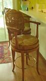 CARVED WOOD AND RUSH SWIVEL BAR STOOLS