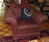 FABULOUS HARLEQUIN FABRIC OVERSTUFFED ARM CHAIRS (PAIR)