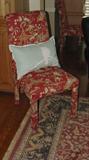 RED CHINOSIERIE CHINTZ FABRIC PAIR OF CHAIRS AND MATCHING VALANCES
