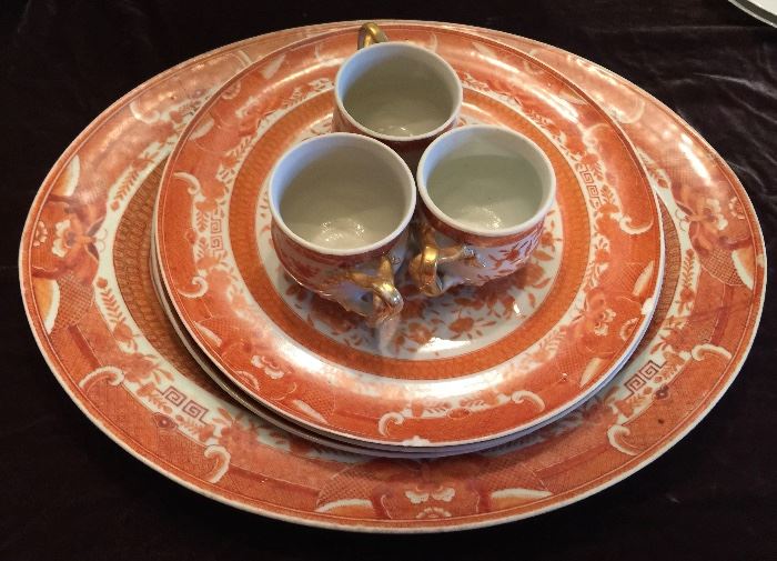 Orange Fitz Hugh Chinese Export Porcelain, 1 Platter, 3 Plates, 3 Cups, c.1820 