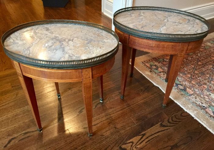 Pair of Mahogany Oval Marble Top End Tables with Brass Galleries 