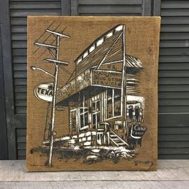 Original art on burlap stretched on a wooden frame signed Young. Some small holes in burlap material I am not sure if this was created by the artist or not? Appears to have been created by the artist to add a visual rustic texture. Measures Approx 24 x 28 inches.