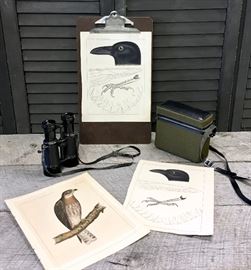 Lot of 3 rare scientific/ornithological lithographs, hand colored from a $12,000. book, including a set of vintage binoculars with case, 1 vintage clipboard. Hawk: Washington, D.C. U.S. Government. Ca. 1859._Lithograph, hand colored, image area approximately 9 x 6 3/4 inches on sheet 10 1/2 x 7 1/2 inches. Narrow margins at three sides, very good condition. Plate XIII from an unidentified volume of the "Reports of Explorations and Surveys, To Ascertain the Most Practicable and Economical Route for a Railroad from the Mississippi River To The Pacific Ocean" published by the U.S. Government. Region noted on the plate is 38th, 39th, 41st. Parallels. Item #33414 Price: $65.00. 2 prints? Corvus cacalotl. Colorado Raven. From: Reports of Explorations and Surveys.... Volume X. 1859 of the U. S. Pacific railroad Explorations and Surveys 38th, 39th, 41st Parallels. Retail Value $78.00 each. Total lot value of prints $221.00.