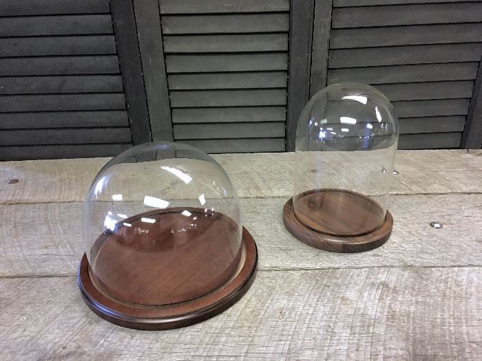 Lot of two large industrial styled glass dome displays with solid wood bases. Unique style and shapes. Usually these retail for $30 or $40 each. These are in brand-new condition . Measure approximately 7 x 9 inches and 9 x 6.5 inches.