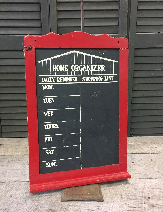 The real deal!!! 1920s red chippy paint chalkboard home organizer with grooved chalk tray on bottom. Extremely rare piece!!!! Estimated value $195.00. Measures approximately 22 tall x 14 inches wide. Stand not included.