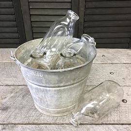 Lot of five vintage glass milk jugs Milk jars approx 9 inches tall & a vintage galvanized bucket