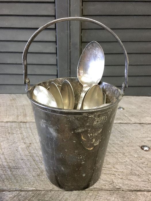 Lot of 13 spoons 1 oversized serving spoon that is engraved...approx 6 inch, 1 metal serving pale, approx 9 inch, Art Nouveau embossed candlestick.