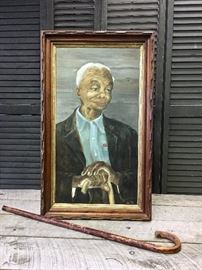 Original vintage American folk art oil on board by Alice Coe with the subjects cane. This delightful piece of Americana comes ready to hang in a professional wooden frame. The painting is dated 1966. The title is Clarence. Estimated value is $600.00. Measures approx 33 x 20 inches.