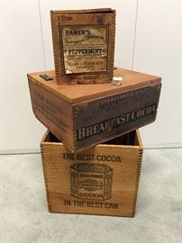 Original mint condition wood advertising crates, apothecary & cocoa. You don't see these in this condition!