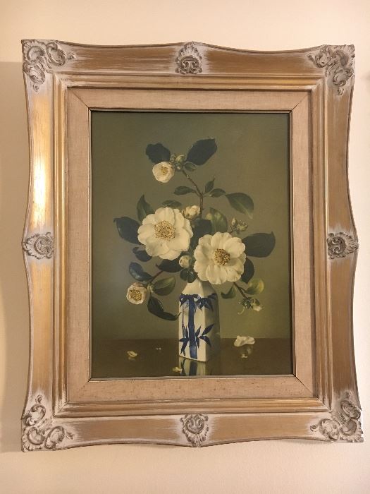 Pair vintage framed floral prints.