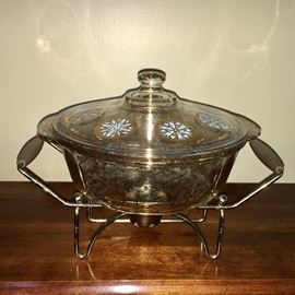 Vintage Fire King casserole dish with lid and wire stand--decorated in gold with aqua medallions.