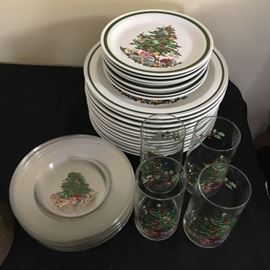 Assorted Christmas china, clear glass plates and tumblers.