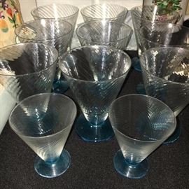 Vintage clear glassware with aqua foot. Not shown, clear Fostoria "Jefferson" stemware and clearTowel stemware.