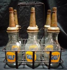 Gulf oil bottles in caddy