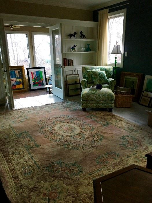 10'6 x 8'2 Asian Wool Carpet, recently Dry Cleaned, plus Chairs, lamps, art and so much decor!