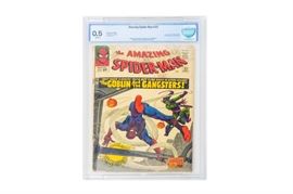 Marvel Comics "Amazing Spider-Man" #23 CBCS Grade 0.5 Featuring Third Appearance of Green Goblin: A graded edition of The Amazing Spider-Man. This comic is issue #23 (April 1965) and is held in a sealed acrylic casing. This comic features the third appearance of the Green Goblin who is the archenemy of Spider-Man. The comic has been graded 0.5 by CBCS Comics.
