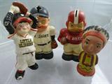 Group of (4) figures to include All American Bank, Junior Leaguer Bank, Little Slugger and Indian Bobblehead as is.