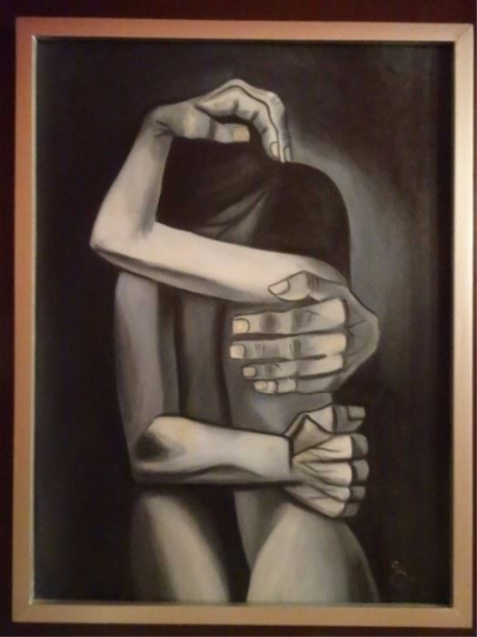 AFTER EDUARDO KINGMAN MODERNIST OIL ON CANVAS PAINTING, LOVERS, IN SILVER FRAME