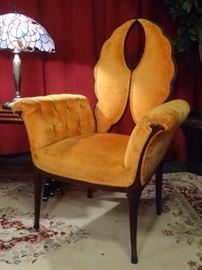 PAIR 1940's LATE DECO BUTTERFLY BACK ARMCHAIRS WITH TANGERINE UPHOLSTERY