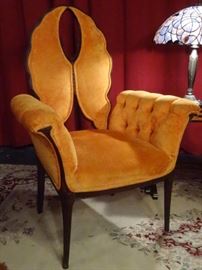 PAIR 1940's LATE DECO BUTTERFLY BACK ARMCHAIRS WITH TANGERINE UPHOLSTERY