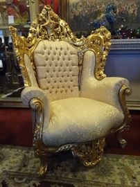 PAIR ROCOCO GOLD GILT THRONE CHAIRS WITH GOLD UPHOLSTERY