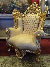 PAIR ROCOCO GOLD GILT THRONE CHAIRS WITH GOLD UPHOLSTERY