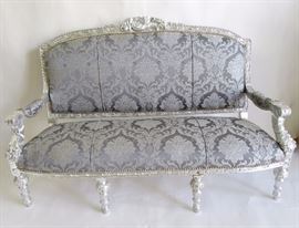 LOUIS XV STYLE SILVER GILT SOFA WITH SILVER/GRAY UPHOLSTERY, MATCHING ARMCHAIRS SOLD SEPARATELY