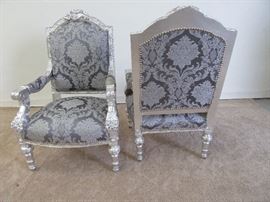 PAIR LOUIS XV STYLE SILVER GILT ARMCHAIRS WITH SILVER/GRAY UPHOLSTERY, MATCHING SOFA SOLD SEPARATELY