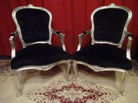 PAIR LOUIS XV STYLE SILVER GILT ARMCHAIRS WITH BLACK VELVET UPHOLSTERY