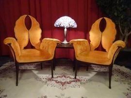 PAIR 1940's LATE DECO BUTTERFLY BACK ARMCHAIRS WITH TANGERINE UPHOLSTERY