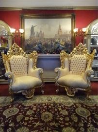 PAIR ROCOCO GOLD GILT THRONE CHAIRS WITH GOLD UPHOLSTERY