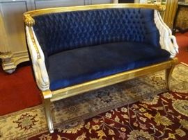 FRENCH EMPIRE STYLE GILT AND PAINTED SWAN ARM SOFA WITH BLUE VELVET UPHOLSTERY