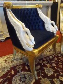 PAIR FRENCH EMPIRE STYLE GILT AND PAINTED SWAN ARM CHAIRS WITH BLUE VELVET UPHOLSTERY