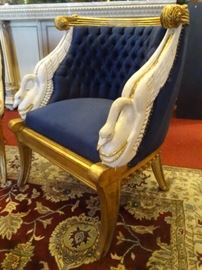 PAIR FRENCH EMPIRE STYLE GILT AND PAINTED SWAN ARM CHAIRS WITH BLUE VELVET UPHOLSTERY