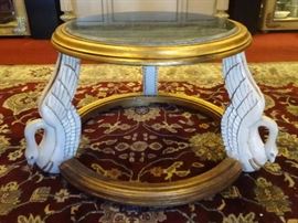 FRENCH EMPIRE STYLE GILT AND PAINTED SWAN LEG TABLE WITH MARBLE TOP