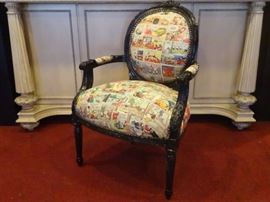 LOUIS XV STYLE ARMCHAIR WITH CARTOON PRINT ON LEATHER UPHOLSTERY, DONALD DUCK COMICS IN FRENCH, ENGLISH, AND GERMAN, BLACK FINISH WOOD FRAM